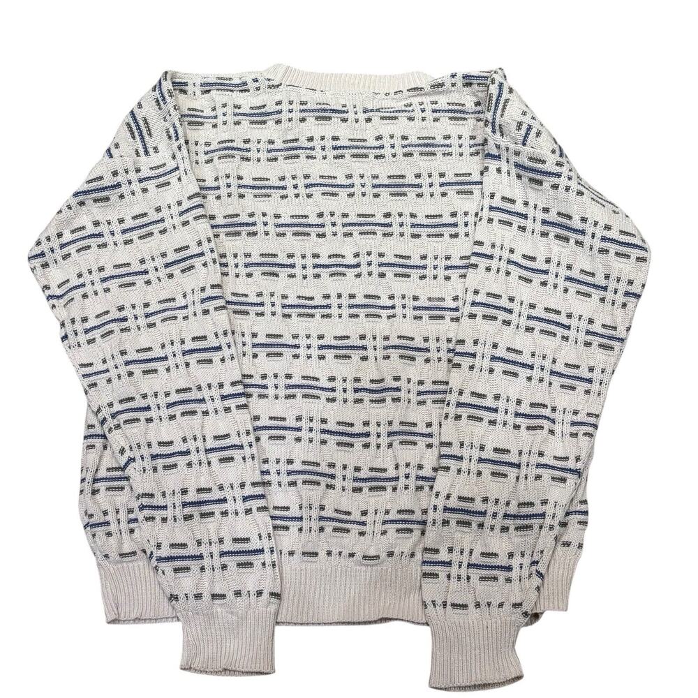 Vintage Textured Cotton Crew Neck Sweater USA Medium Cream Green Blue Pullover - Picture 5 of 6